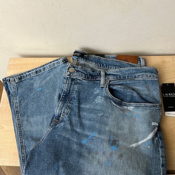 Lauren Blue Splatter Paint Comfort Stretch Relaxed Taper PLUS Jeans - 20W - Picture 4 of 12